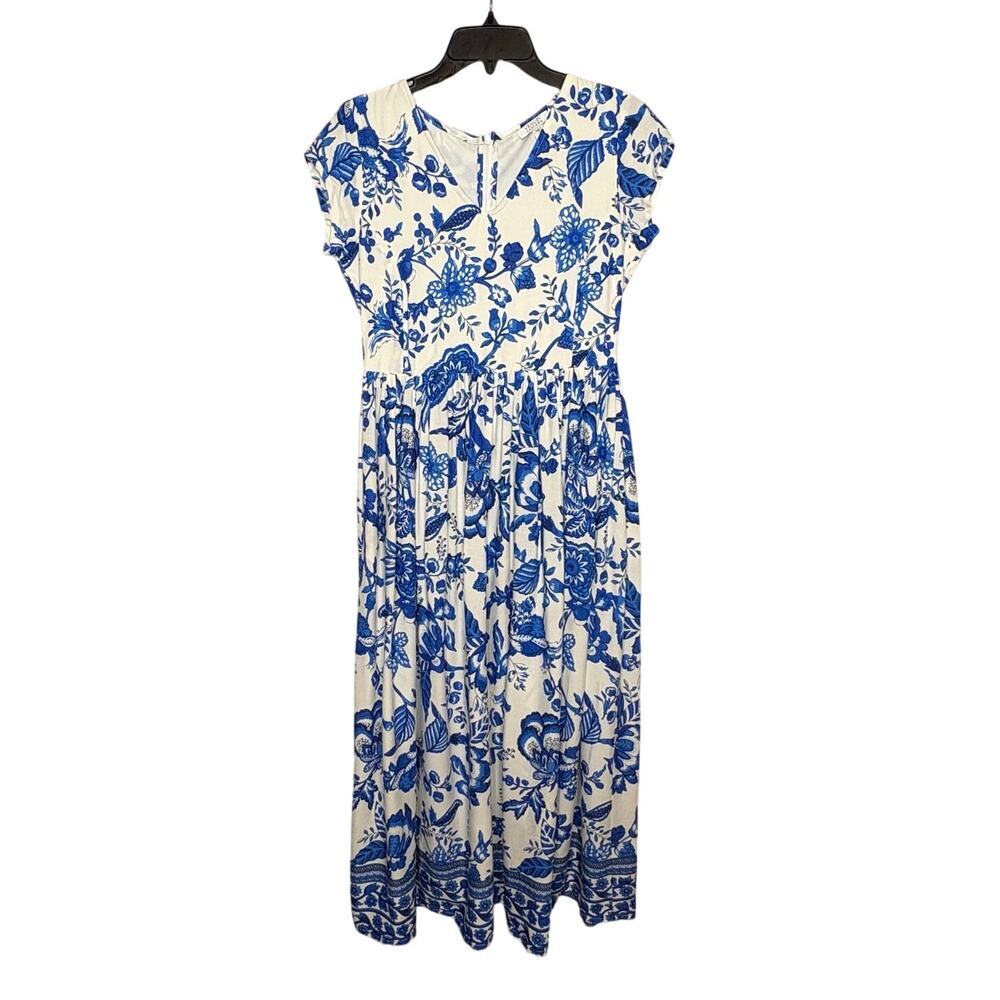 Venus X Lascana Blue & White Floral Flowy Summer Midi Classic Dress Size Small